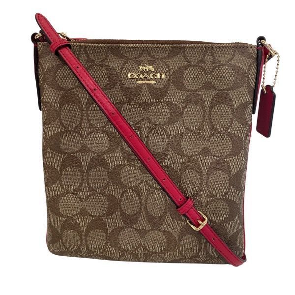 0825 美品✨コーチ ショルダーバッグ シグネチャー レザー PVC 型押し コーチ COACH シグネチャー F58809 ブラウン×レッド PVC×レザー