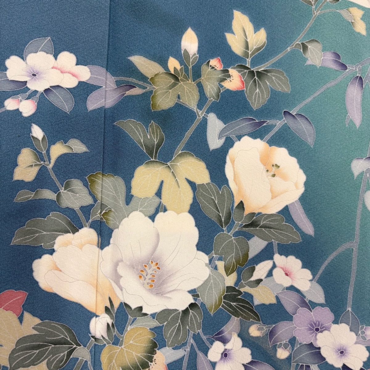 熱心な 訪問着 身丈167cm 裄丈68.5cm L 袷 落款 枝花 ぼかし 青灰色 正絹