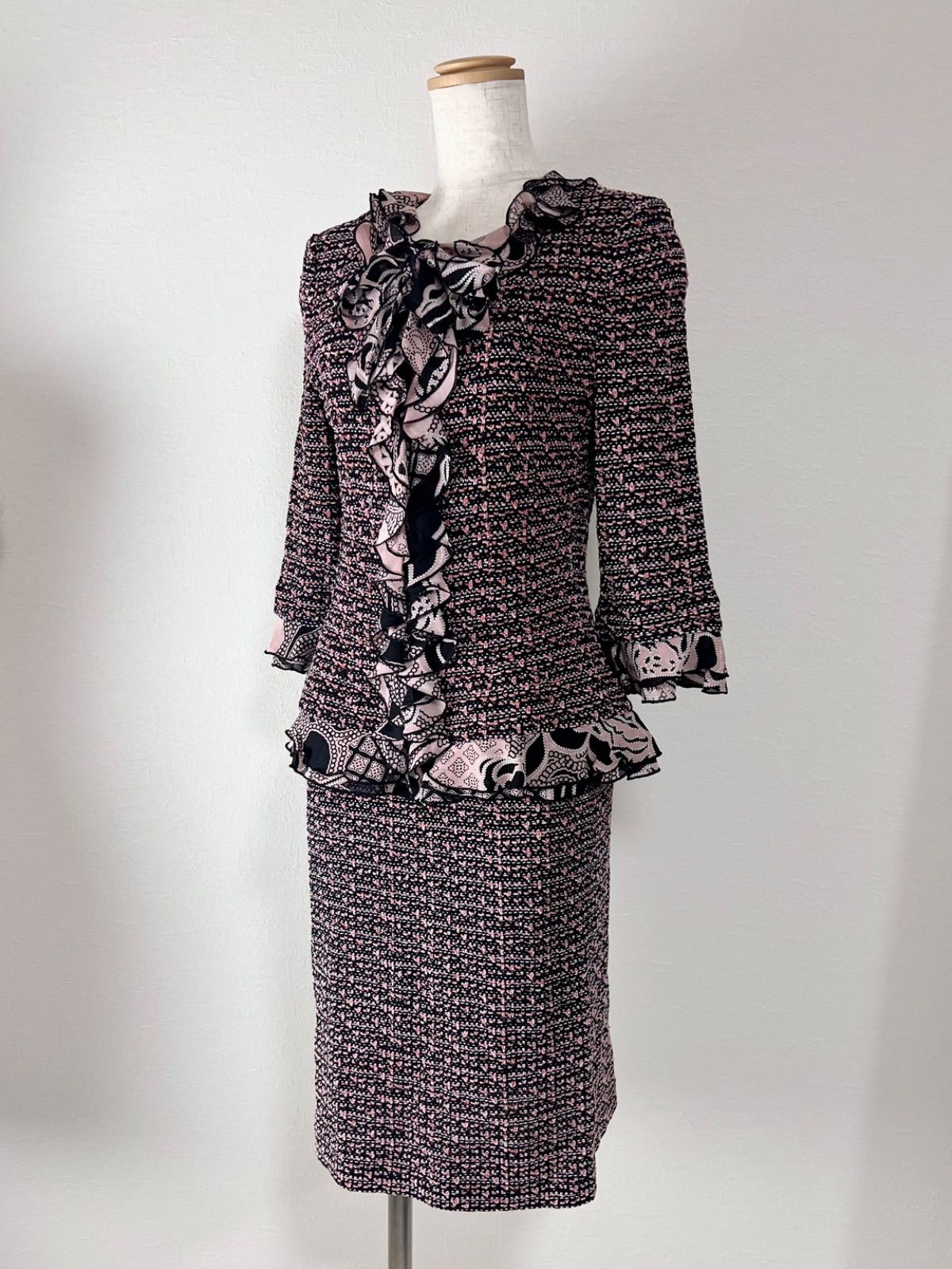 ST.JOHN セントジョン セットアップ ツイード ピンク 黒 フリル 2