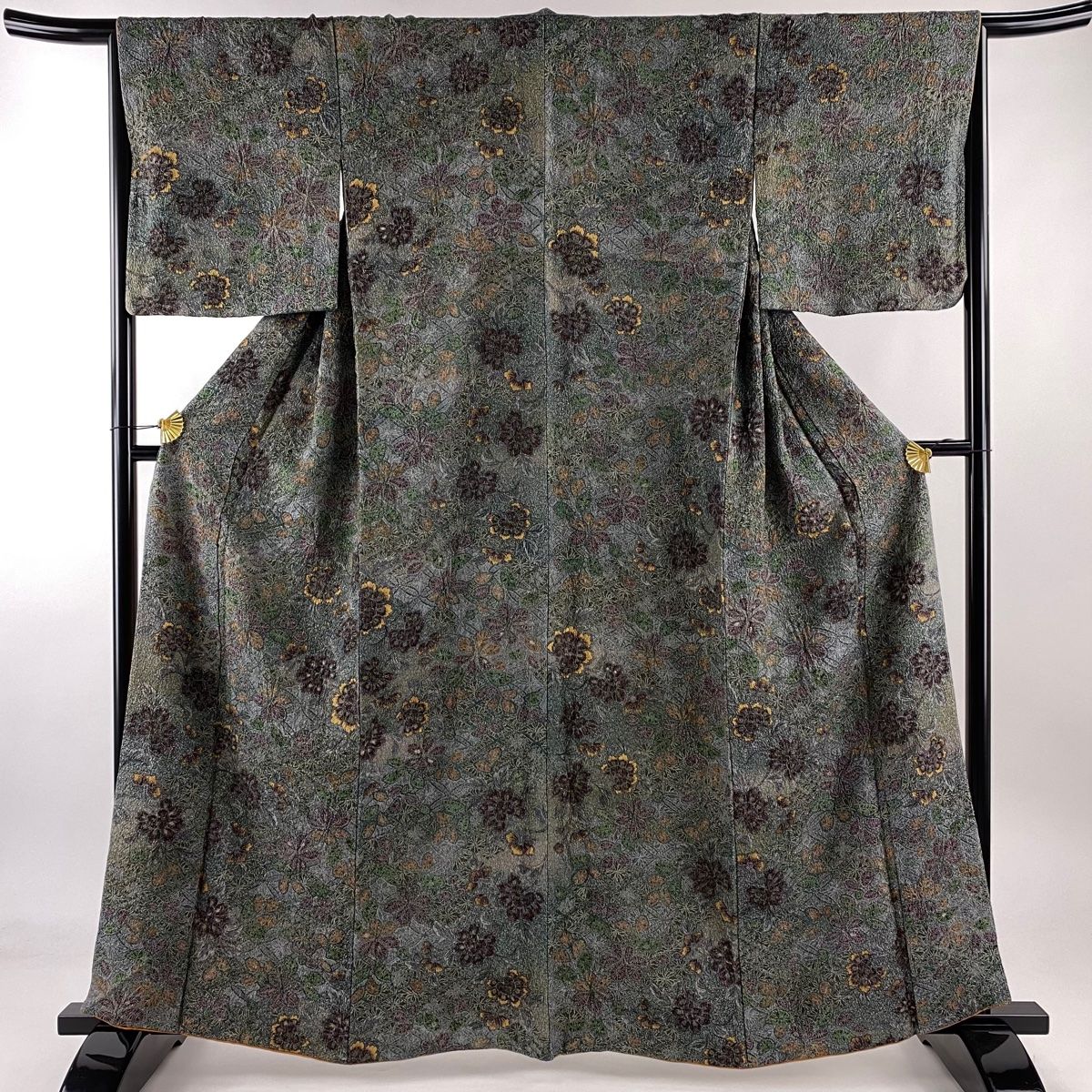 小紋 身丈162cm 裄丈65.5cm M 袷 草花 七宝 金通し 金彩 灰緑 正絹 名品