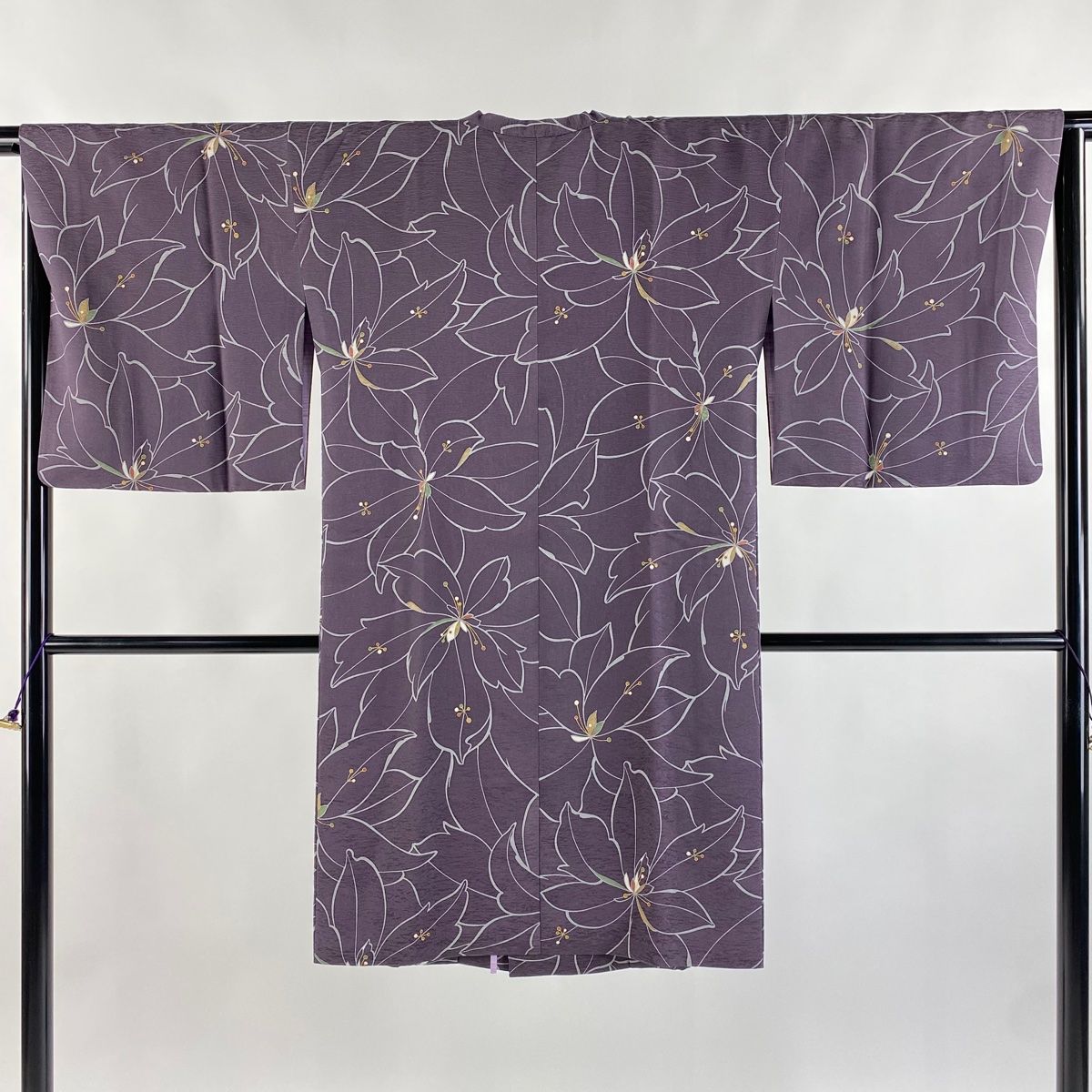 道行 身丈105cm 裄丈65cm M 和装コート 角衿 花 金彩 紫 正絹