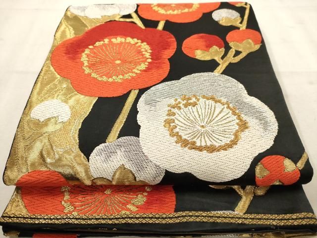 平和屋着物◎西陣 服部織物謹製 六通柄袋帯 唐織 紅白梅 黒地 金
