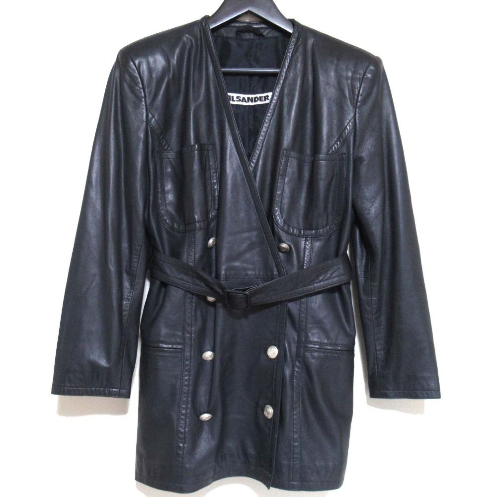 JIL SANDER ジルサンダー ヴィンテージ ダブルブレスト ベルテッド ノー レザージャケット コート 36 ダークネイビー レディース 古着