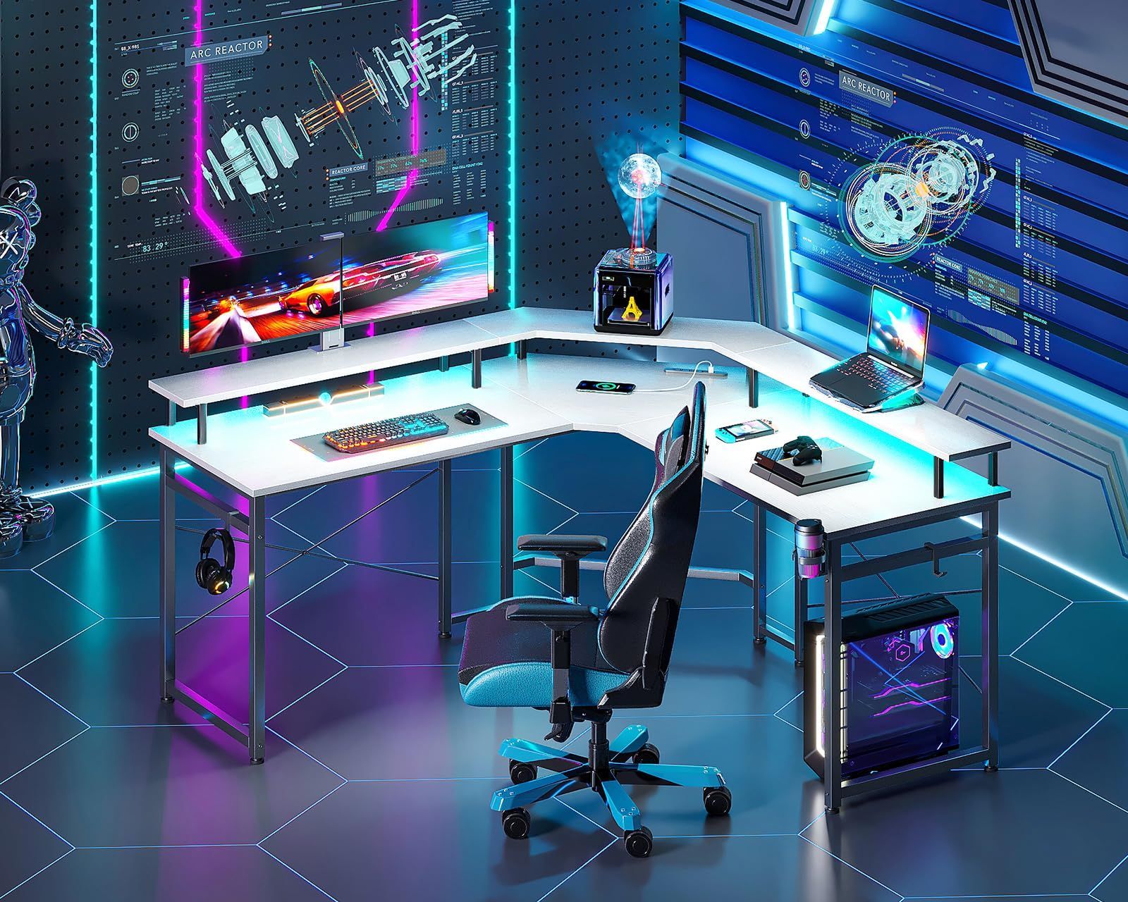 在庫 L字 パソコンデスク ゲーミングデスク l字デスク デスク 机 幅129 コンセント付き pcデスク エル字デスク ODK 収納 コーナーデスク オフィスデスク 仕事用 在宅勤務 組立簡単 ホワイト MARWIL-DEMENAGEMENTS_CH