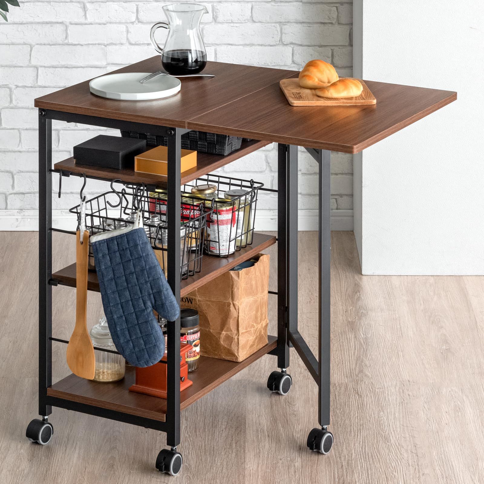 新品 タンスのゲン キッチンワゴン バタフライ式 キャスター付 キッチン 収納 伸縮 キッチンワゴン ラック スリム シンプル 17620023(88102)