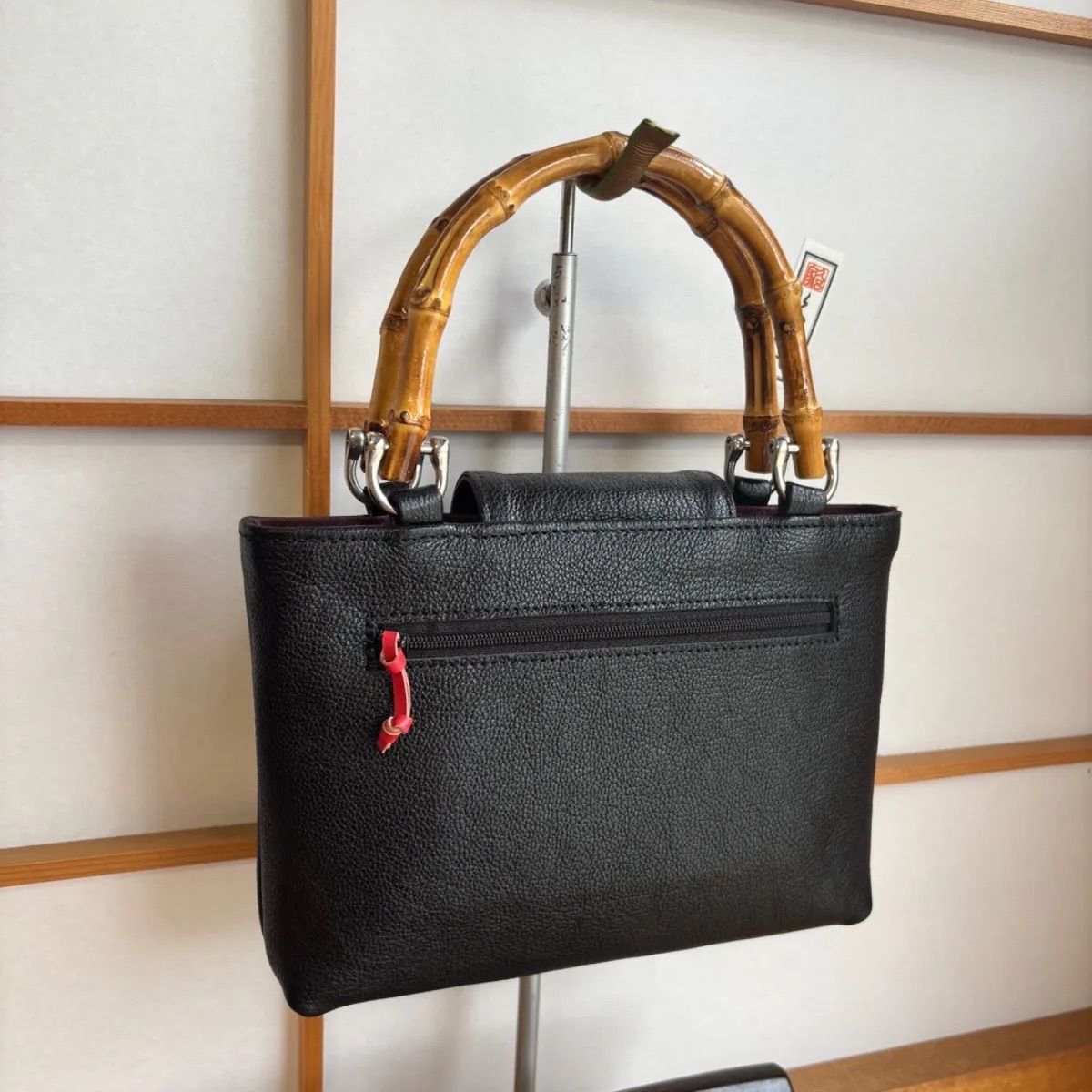 本革バンブー手提げ 黒 合切袋 お祭り 夏祭り お神輿 ミニバッグ