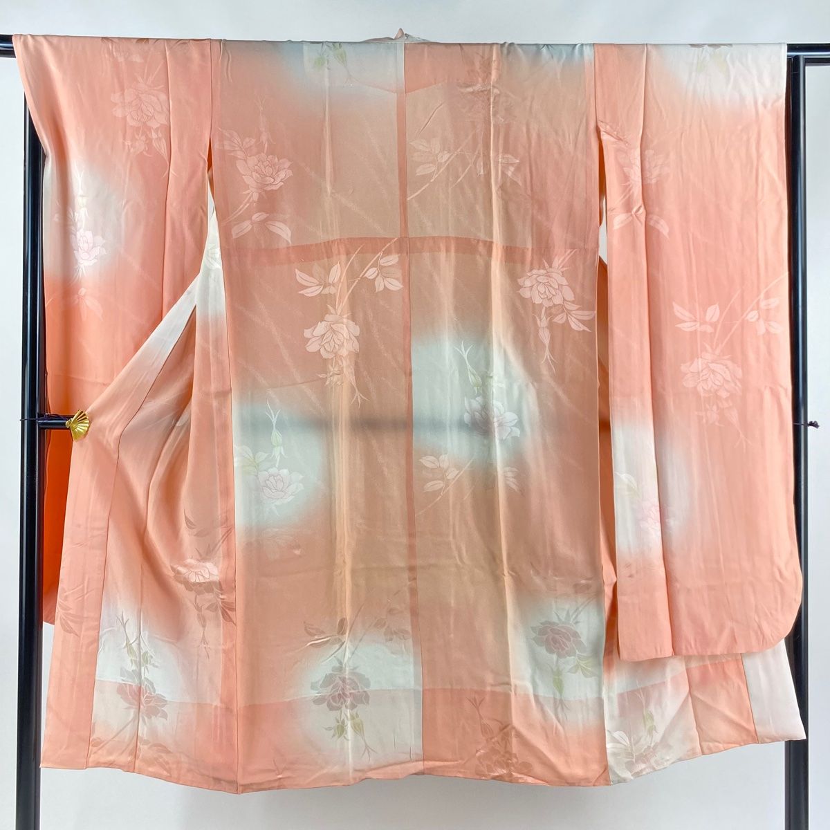 長襦袢 身丈125cm 裄丈67cm M 振袖用 薔薇 地紋 ぼかし サーモンピンク 正絹 秀品