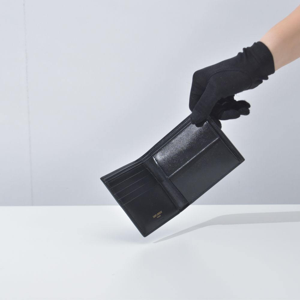 サンローラン 二つ折り財布 シャイニーレザー メンズ ブラック