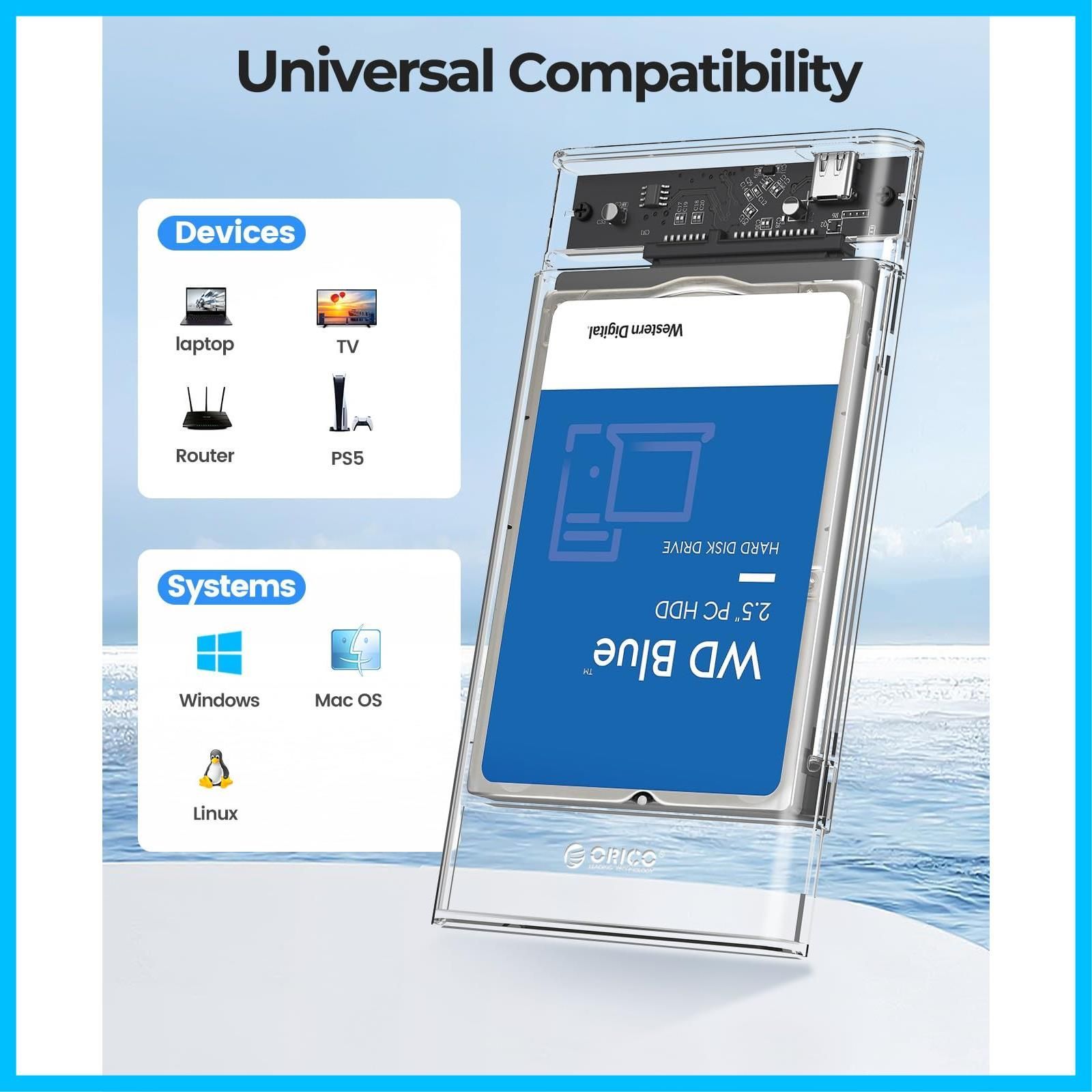 商品 SSD ケース USB C 3.1 HDD GEN1 ドライブケース 6Gbps転送 2.5インチ 透明 SATA3.0 ハードディスクケース Type-C 6TB 9.5mm以下 対応 静電気防止 PC材料 ORICO ポータブルHDDケース