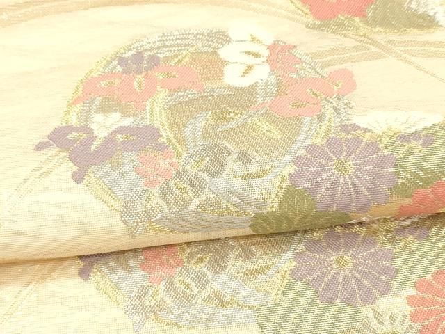 D 夏物 流れに菊花模様 金糸 白 六通 正絹 薄物 絽 紗 フォーマルな袋帯 平和屋着物＊夏物 六通柄袋帯 草花文 金銀糸 正絹 逸品