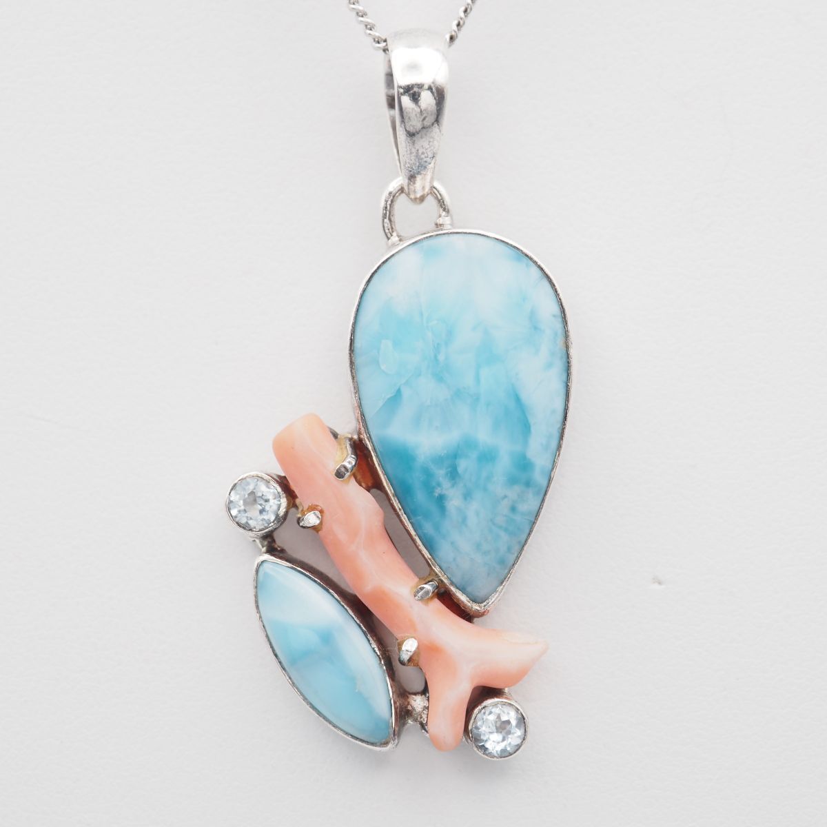 G924 ラリマー 珊瑚 サンゴ ダイヤモンド風 925刻印 ペンダント トップ デザイン シルバー チャーム ヘッド 3月誕生石