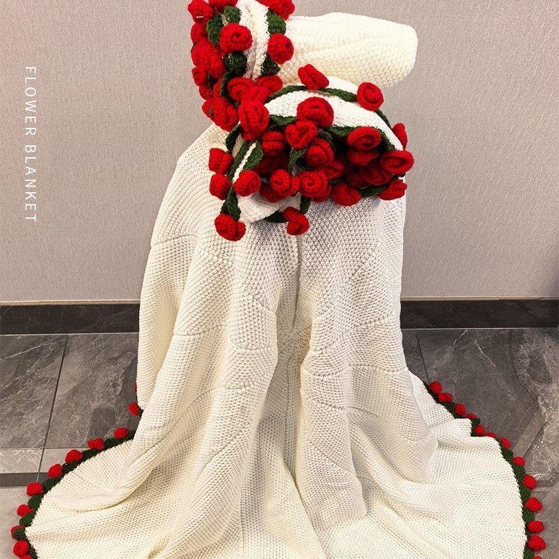 毛布 バラ花束 ニットブランケット 手編み 80CM 110CM 150CM フラワーラグ サプライズ ハンドメイド 可愛い記念日 感動 贈り物