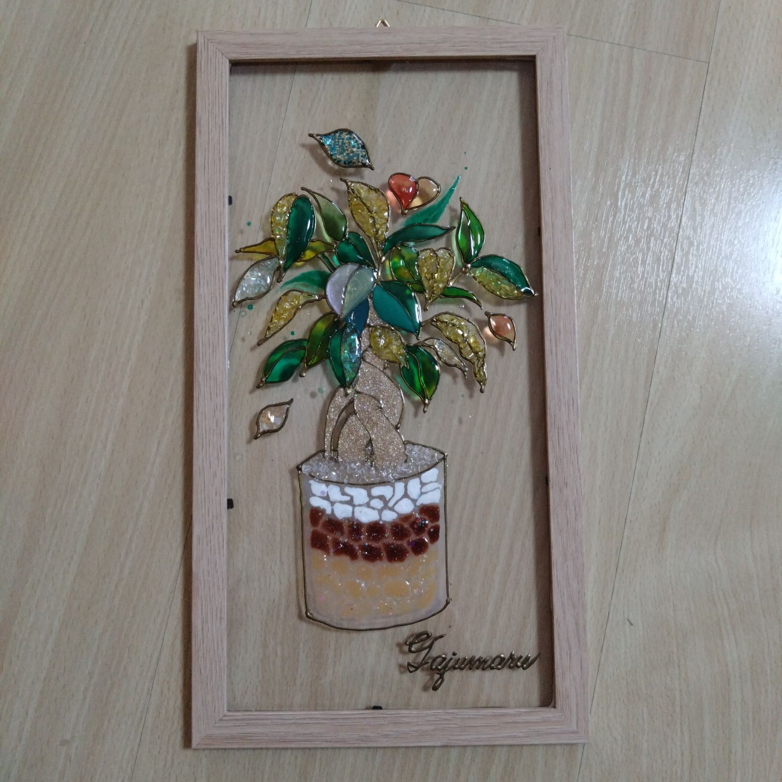 幸運☆天然石シトリンのガジュマル＆水晶 ステンドグラス風 縦長大きめ  