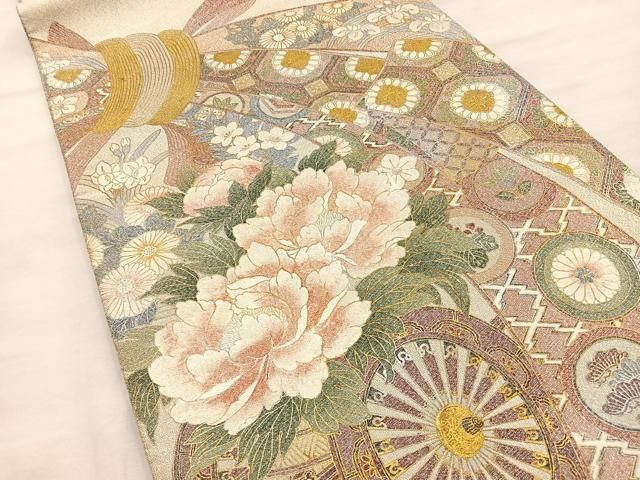 平和屋着物＊夏物 太鼓柄袋帯 手描き 枝花文 金銀彩 正絹 逸品