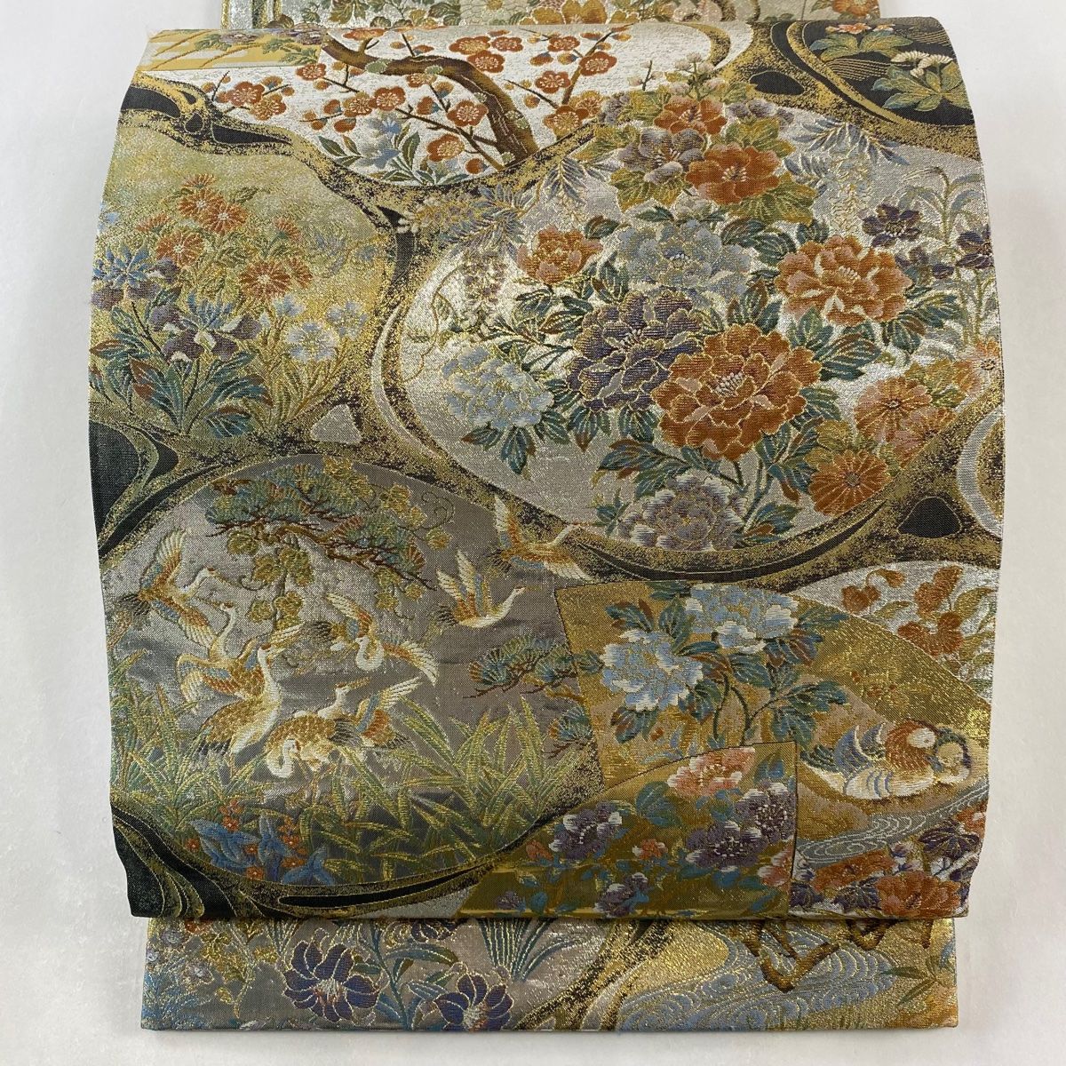 丸帯 琳派流水名勝図 花鳥 風景 金銀糸 箔 墨色 お太鼓柄 正絹