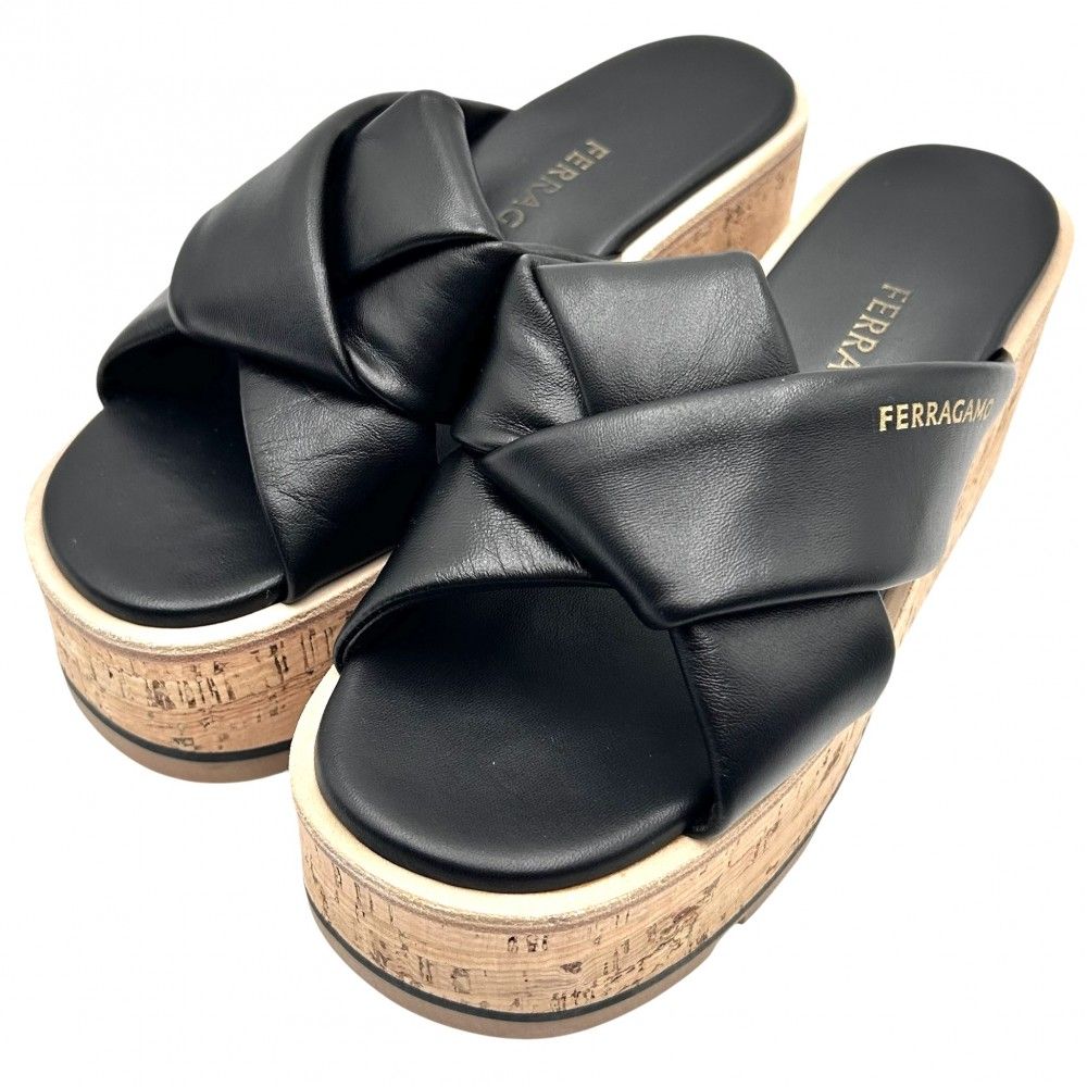 送料無料 サルヴァトーレフェラガモ サンダル 靴 シューズ レザー 伊製 イタリア製 4 1/2 C 21.5cm相当 黒 ブラック系 レディース サルヴァトーレフェラガモ ミュール サンダル 4 21.5cm 茶色 グレー