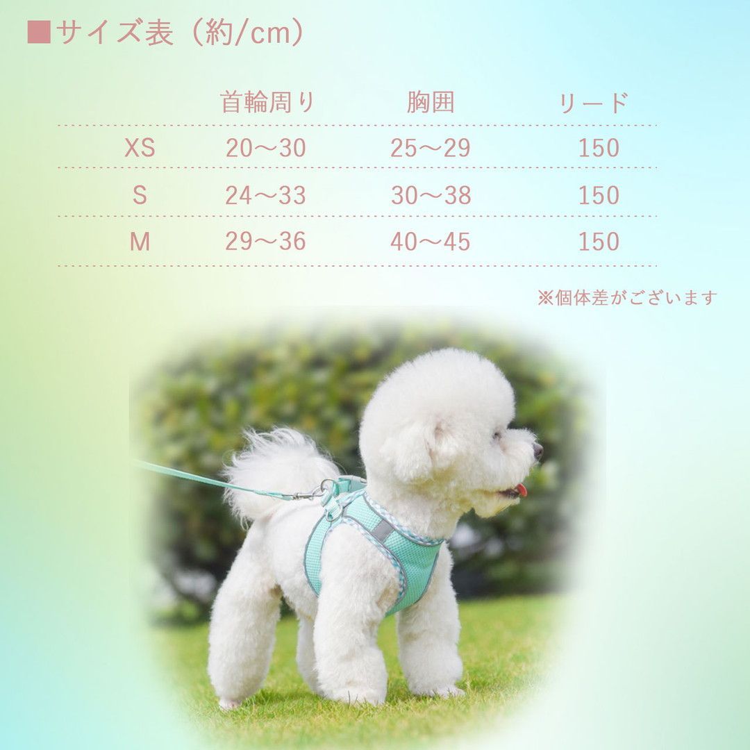 マカロンカラー　メッシュハーネスセット　パステル　やわらか素材　ダブルベルト　散歩　反射ライン　PAE0025