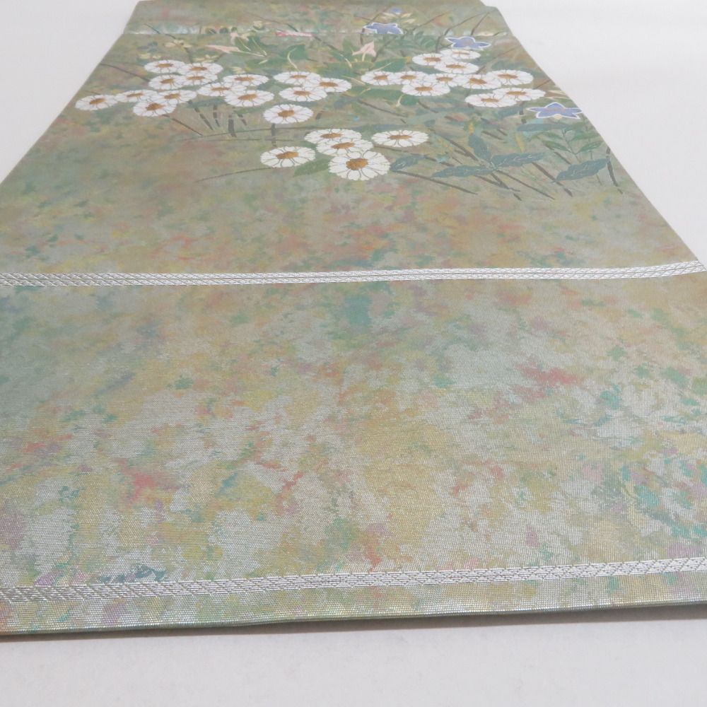 袋帯 金糸銀糸 お太鼓柄 オリーブグリーンｘ多色 草花文様 正絹 仕立て上がり 長さ440cm 【キモノオフ野々市若松店】 袋帯 金糸銀糸 お太鼓柄 オリーブグリーンx多色 草花文様 正絹 仕立て