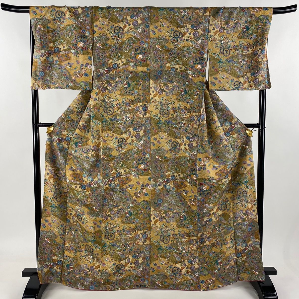 小紋 身丈163cm 裄丈69cm L 袷 花車 七宝 金彩 縮緬 茶緑色 正絹 秀品