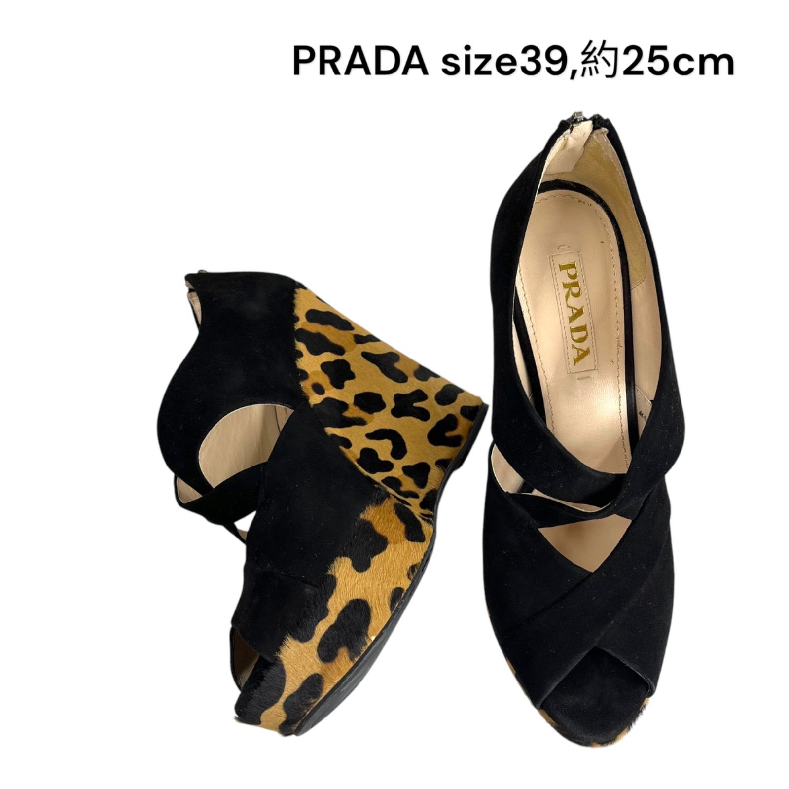 美品 プラダ PRADA レオパード ハラコ スエード オープントゥ