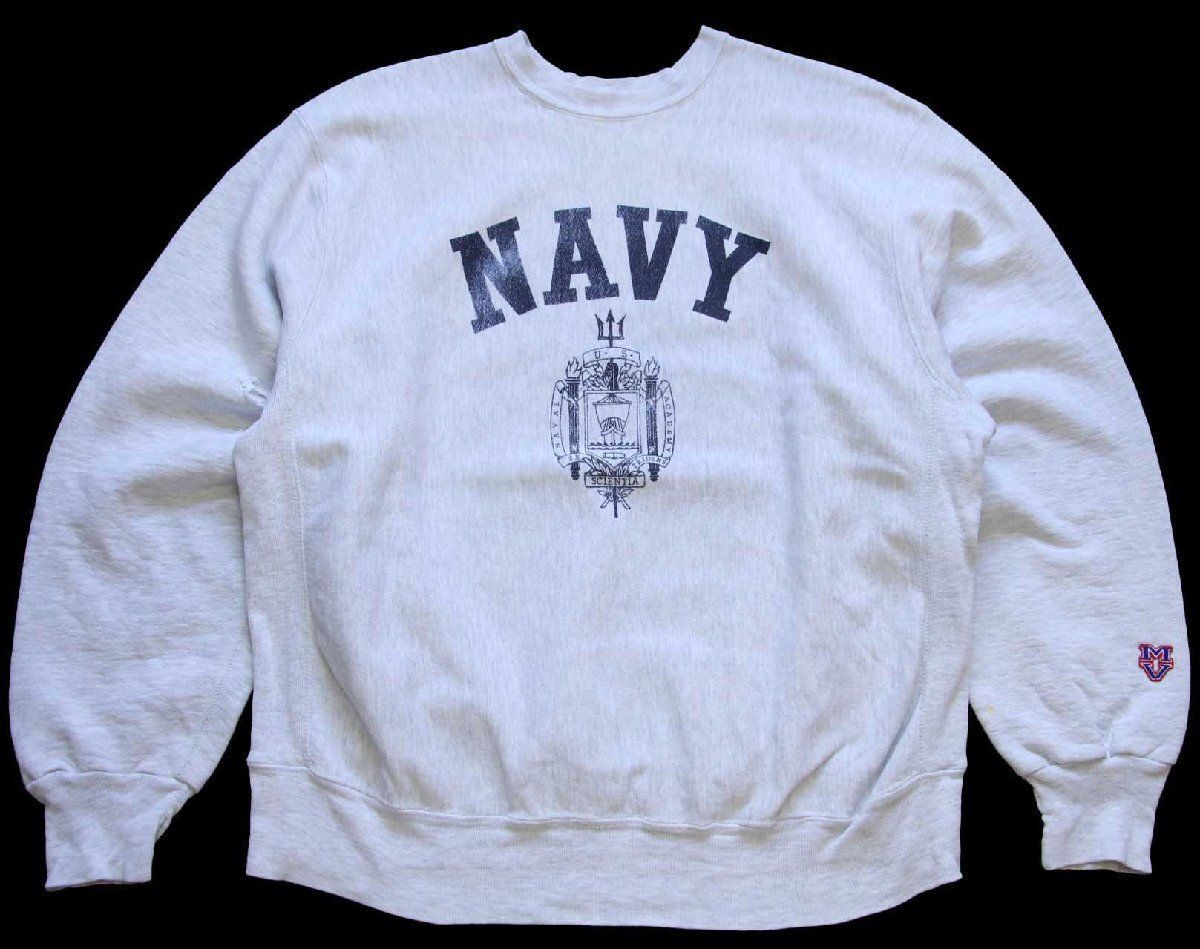 90s USA製 MV SPORT NAVY U.S.NAVAL ACADEMY リバースウィーブ スウェット ボロ 杢ライトグレー XXL特大 オールド ミリタリー 米