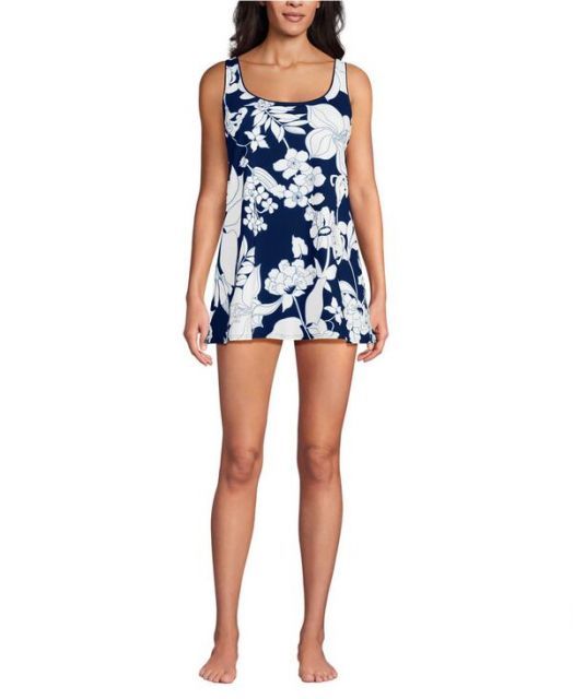 送料無料 ランズエンド レディース ワンピース トップス Women s Scoop Neck Mini Swim Dress Swimsuit Deep sea navy|white lilies