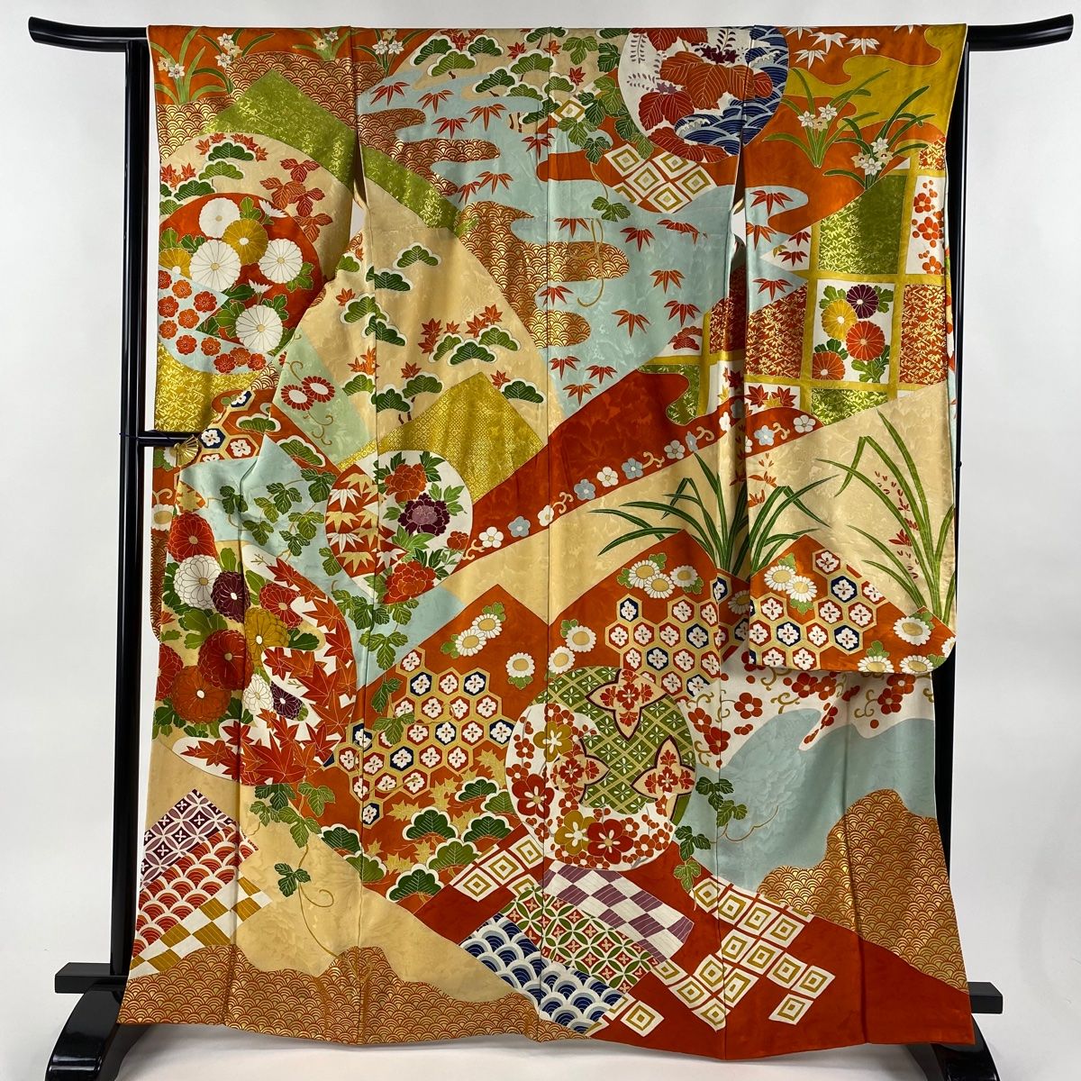 振袖 身丈166cm 裄丈65cm M 袷 菊 有職文様 金糸 金彩 オレンジ 正絹 