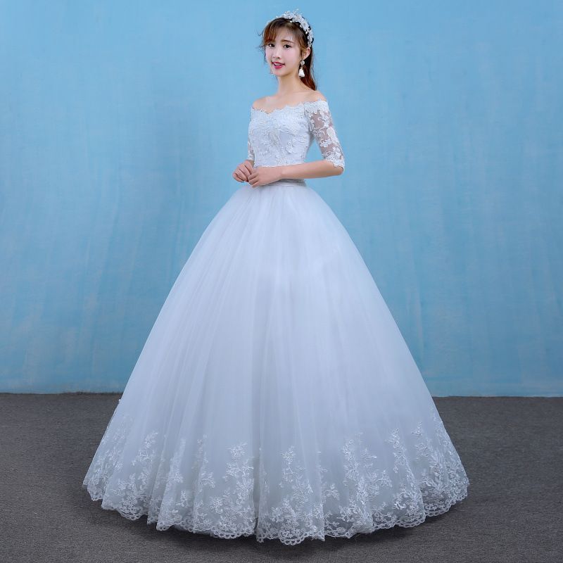 中袖 レース 一字肩 ウエディングドレス 新娘 韓版 夏季 齊地 显瘦