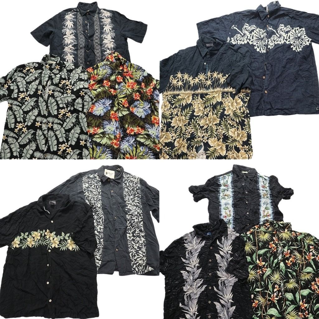 古着卸 黒ボディ アロハシャツ 半袖シャツ 10枚セット メンズ L パームツリー ホライズン ハイビスカス 古着 NA3267