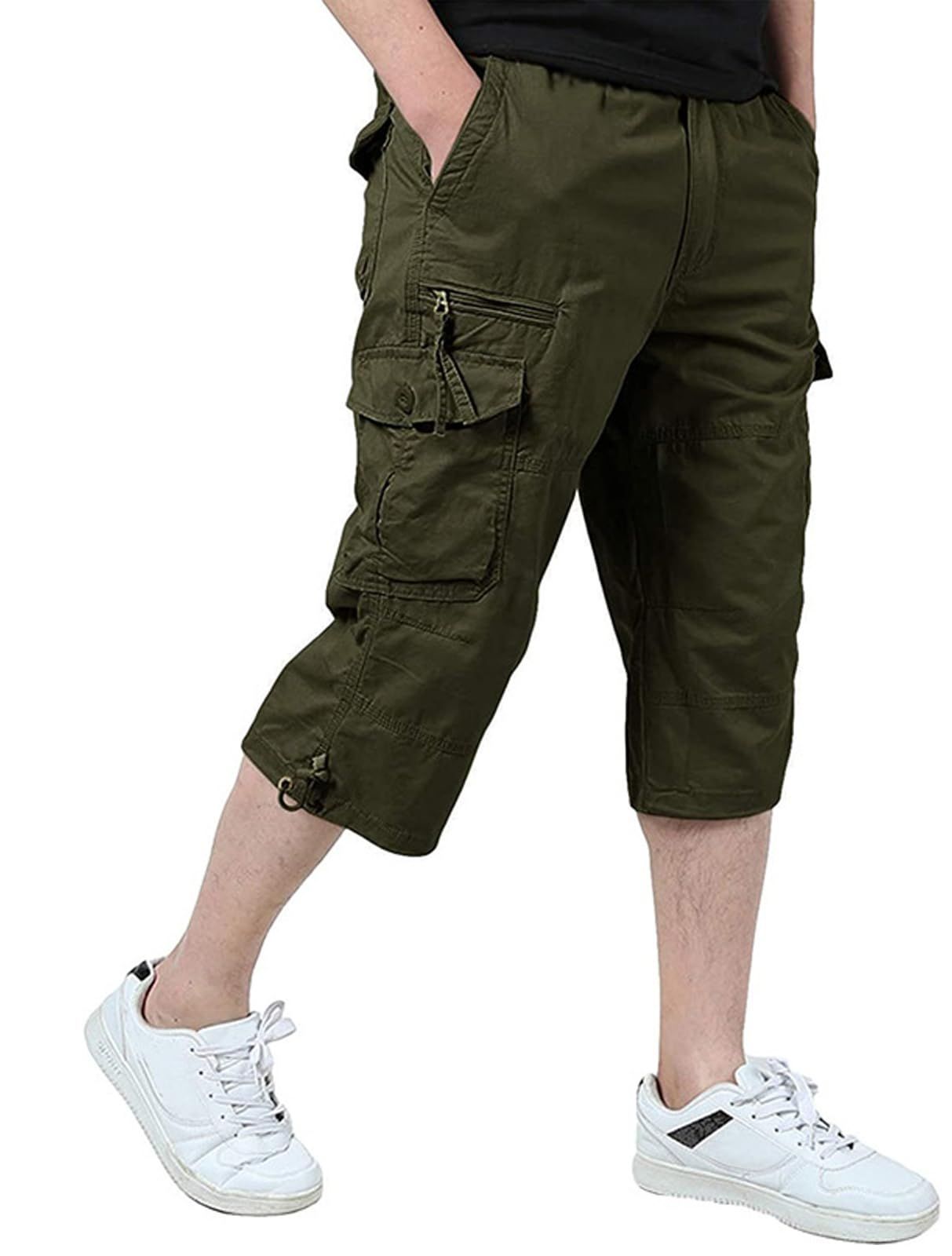 Color:003アーミーグリーン_Size:M [LLHfashion] メンズ カーゴパンツ 作業着 アウトドア 7分丈 ハーフパンツ ショートパンツ ゆったり 大きいサイズ 多機能 ミリタリー 半ズボン ワークパンツ armygree