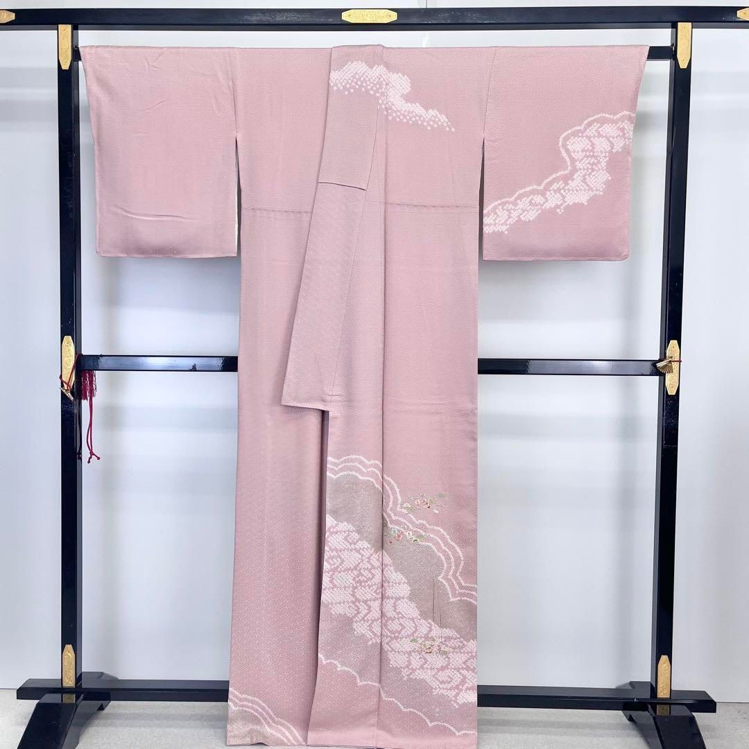 訪問着 絞りに刺繍の花模様 雲模様 浪花鼠色 トールサイズ K-4062 