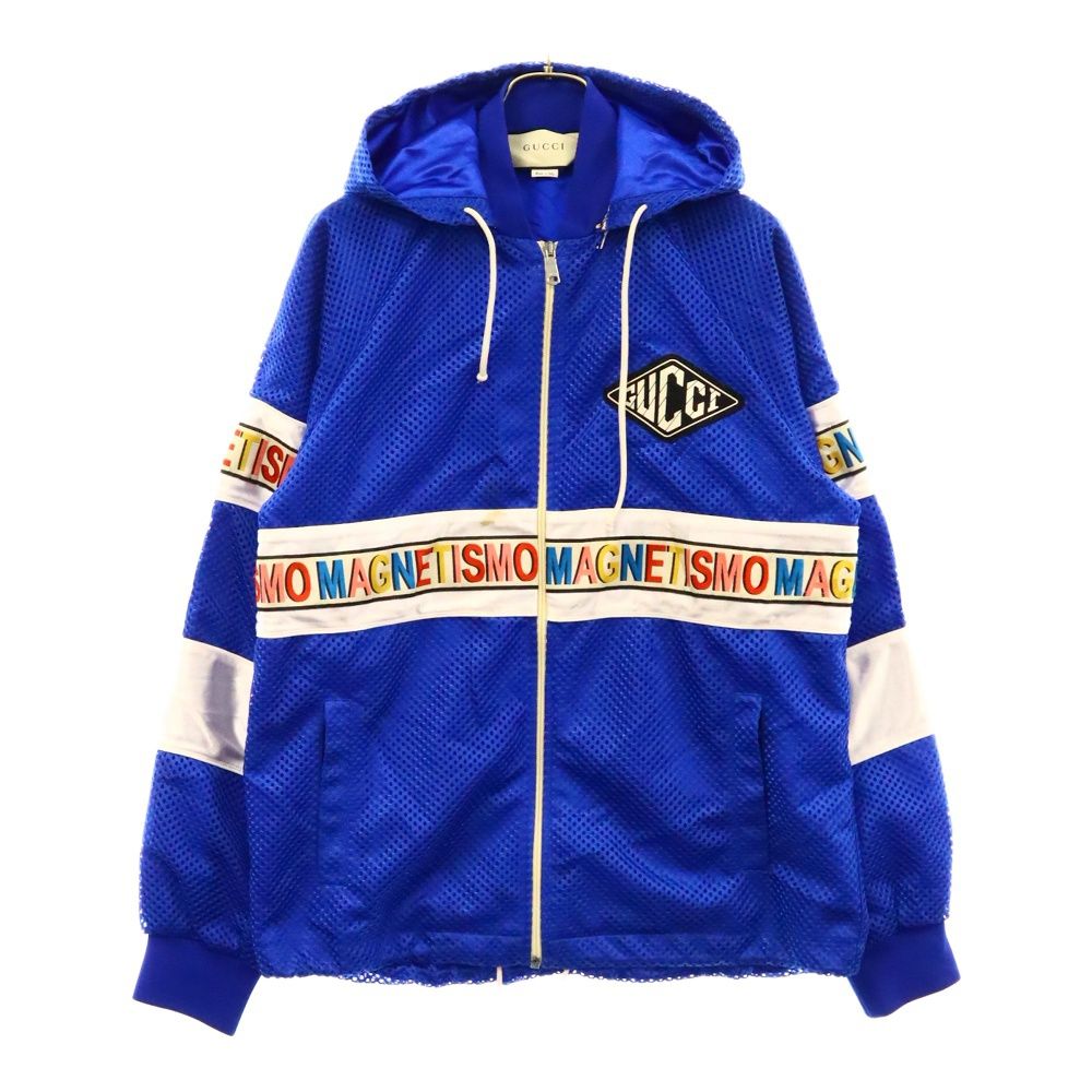 GUCCI (グッチ) 18AW Net Jacket with Magnetismo Stripe 511793 X9S68 ロゴプリントストライプメッシュジャージージップアップパーカー