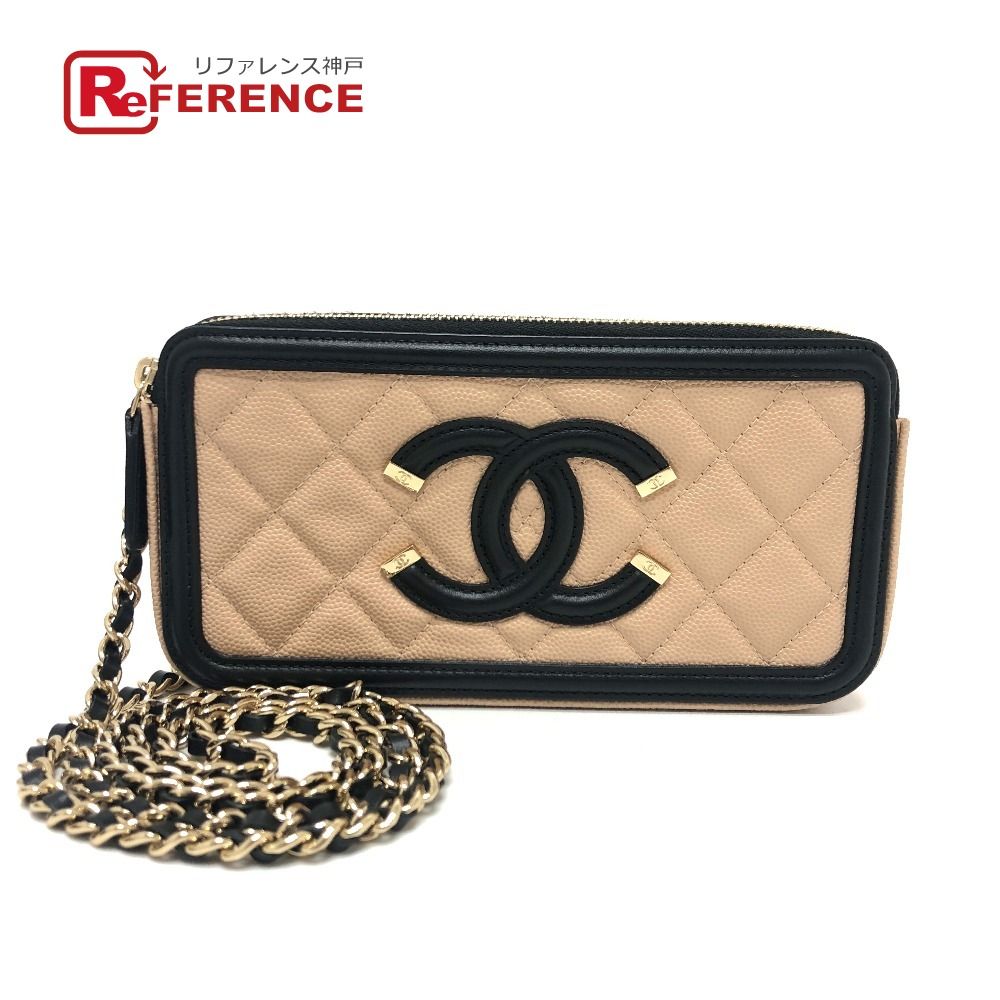 CHANEL シャネル ウォレットチェーン CCフィリグリー A84450 キャビアスキン ベージュ