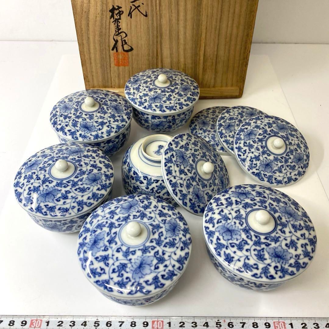 十二代 酒井田柿右衛門 花唐草図蓋茶碗6客と蓋3点共箱東Y6-1120 トヒエル