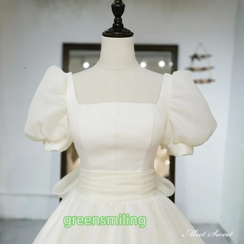 ウェディングドレス ロングドレス Aラインドレス パフスリーブ オーガンジー 半袖 可愛い 二次会 結婚式 前撮り ブライダル 花嫁 ウエディWPおすすめ注目