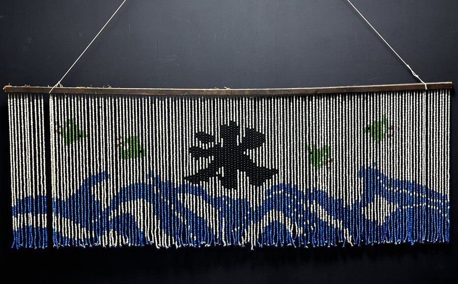 蔵A5593a レトロ ガラスビーズ暖簾 波千鳥の氷 古硝子 大正～昭和初期