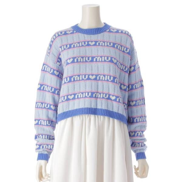 ミュウミュウ 21年 ロゴジャガードニットセーター MML427 1RR1 ブルー