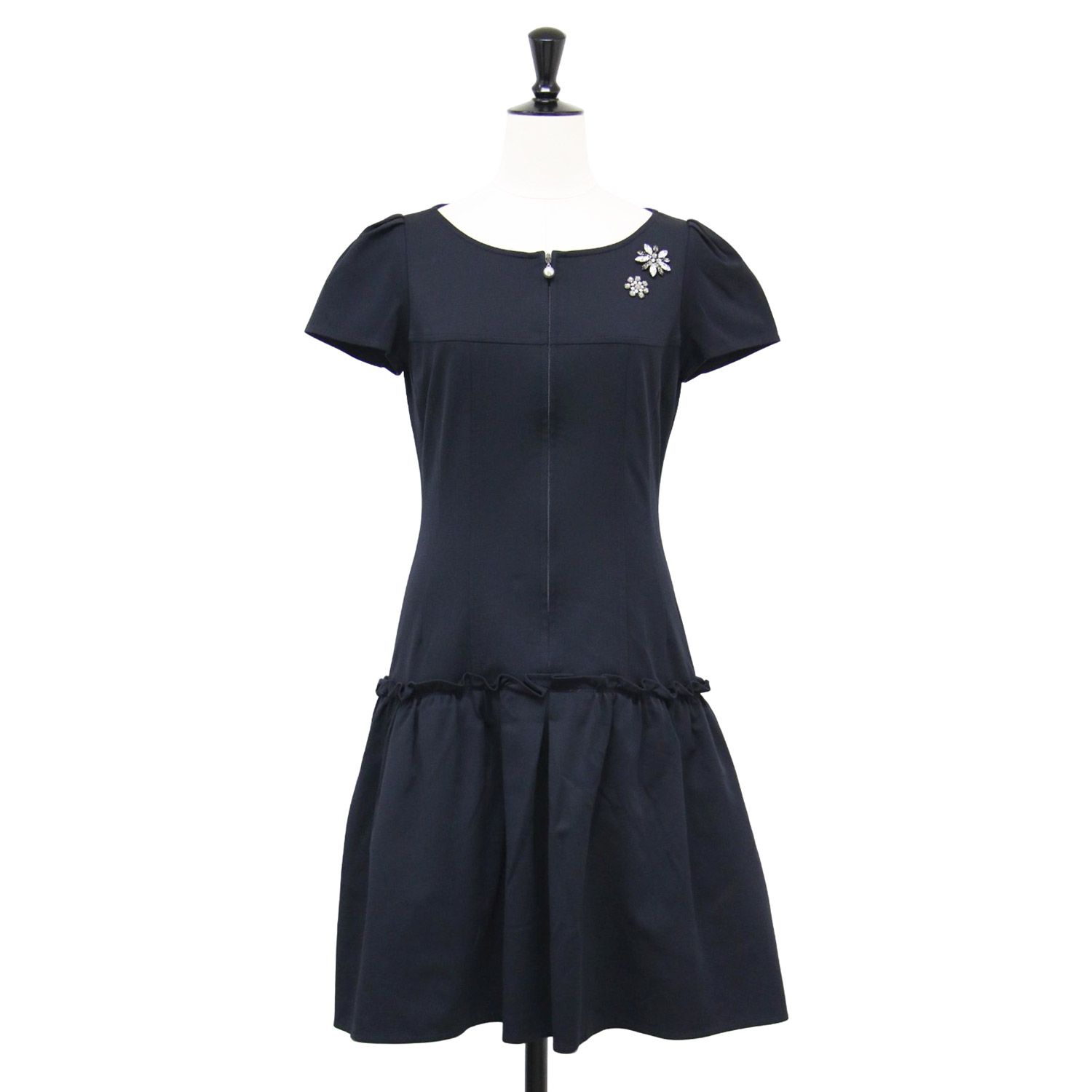 Rene ルネ ワンピース ネイビー 紺 サイズ 34 XS | ビジュー付き 半袖 ミニ ワンピース | ラウンドネック パフスリーブ フロントジップ ジャージー素材 | 日本製 | トップス ドレス レディース