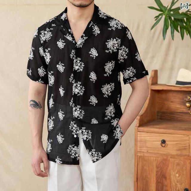 メンズ ファッション 服 男性用 オシャレ シンプル 大人 かっこいい 大きいサイズ ストリート 紳士服 夏 ライト キューバン カラー 半袖 刺繍 シャツ カジュアル シャツ