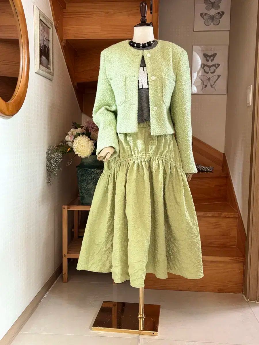 ツイード グリーン ジャケット スカート セットアップ