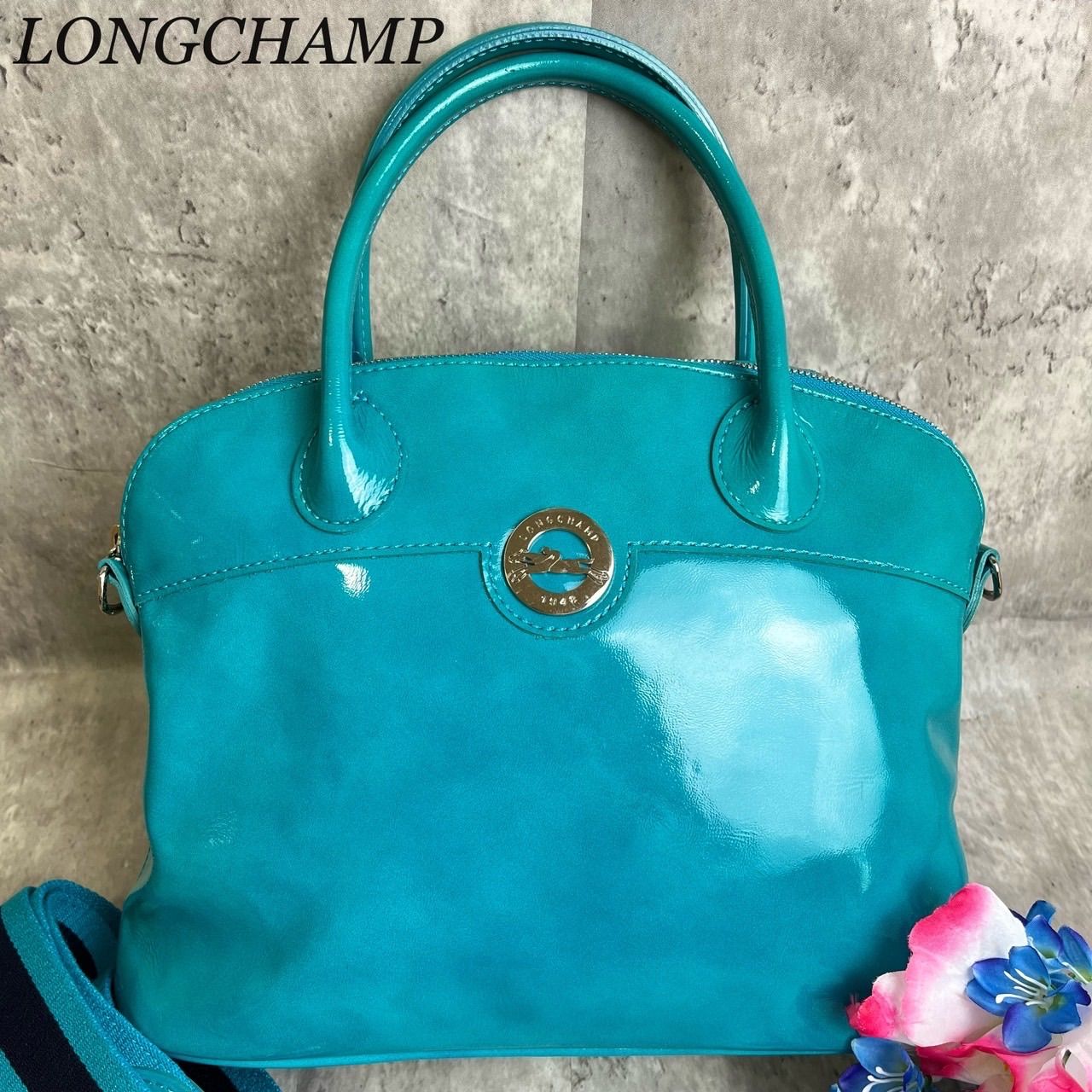 ✨良品✨ LONGCHAMP ロンシャン 2way ショルダーバッグ ハンドバッグ ロゴ金具 シルバー金具 総柄 エナメル レザー レディース 水色  ライトブルー - メルカリ