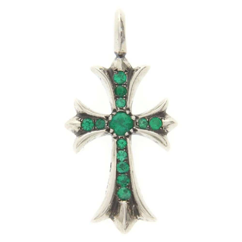 CHROME HEARTS (クロムハーツ) TNY CRSF P EMRLD タイニーファットクロス PAVEエメラルド ペンダント シルバーネックレストップ シルバー/グリーン