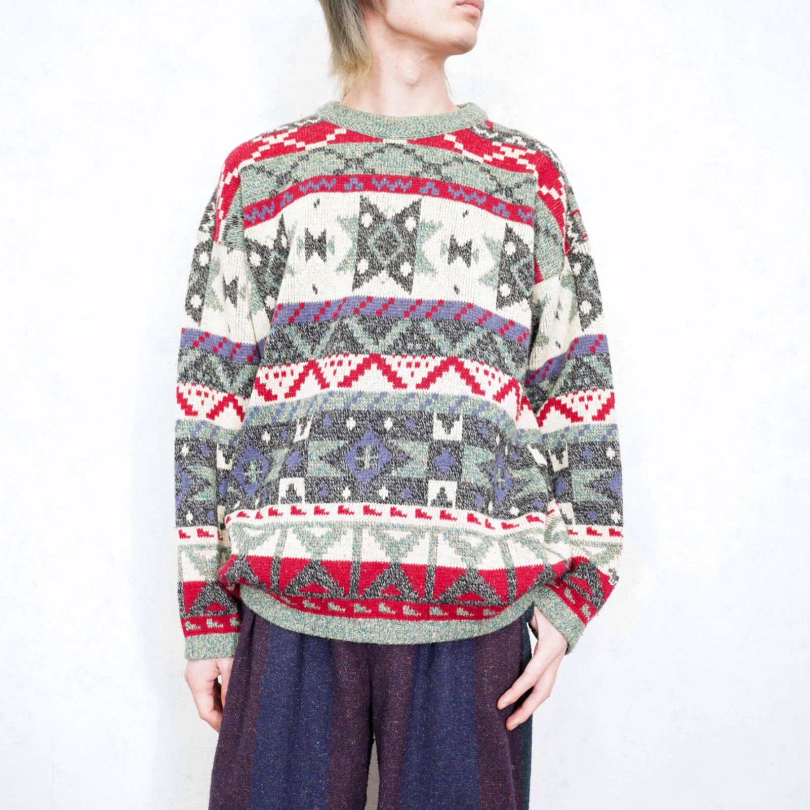 EU VINTAGE CHASSE GARDEE PATTERNED DESIGN KNIT ヨーロッパ古着柄デザインニット