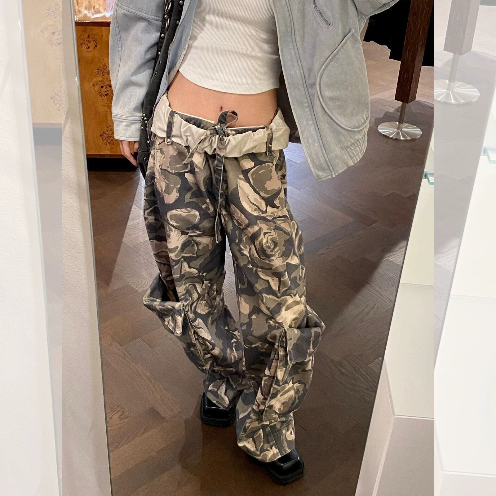 OPEN YY ザオープンプロダクト ボトムス パンツ 韓国ファッション ロールウエスト 迷彩パンツ