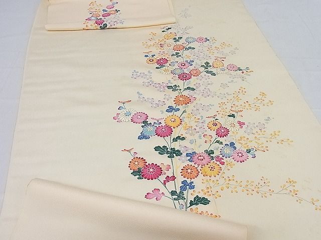 反物　ちりめん　花柄 平和屋着物□付下げ 友禅 反物 着尺 草花文 丹後ちりめん 正絹