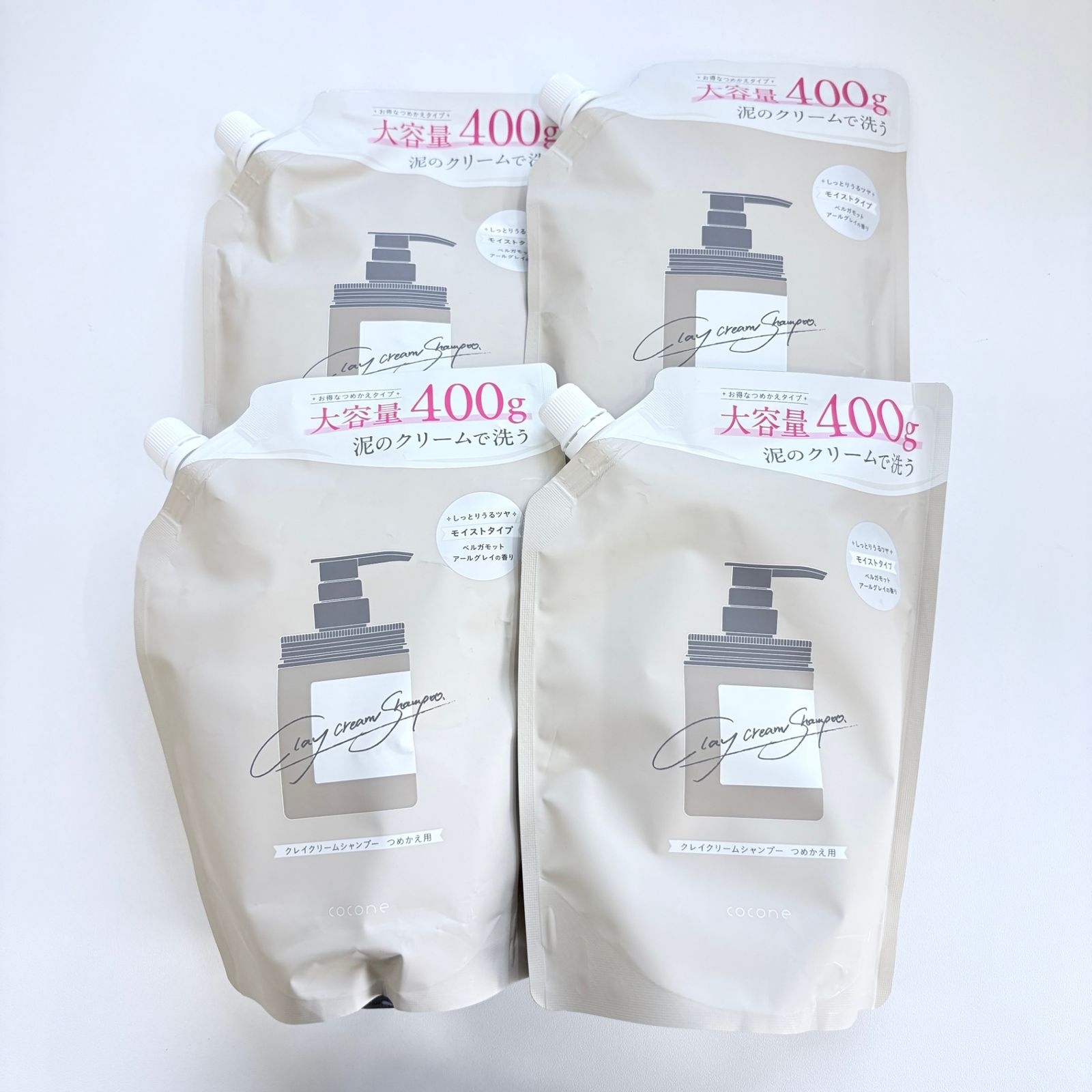 4個セット cocone クレイクリームシャンプー 泡立たないクリームシャンプー モイストタイプ ベルガモットアールグレイの香り エコパック つめかえ用 400g