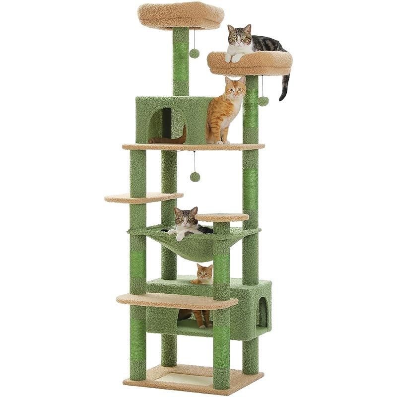 PETEPELA ぺテぺラ キャットタワー 大型猫用 コンパクト 多頭飼い 据え置き型 スリム ハンモック 麻紐爪とぎポール 猫のおもちゃ 転倒防止ベルト付き 展望台 猫ベッドカバー取り外し 運動不足解消 - グリーン 高さ180cm 1