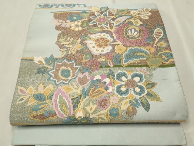 平和屋着物○爪掻き本綴れ 八寸名古屋帯 正倉院花文 黒地 金銀糸 正絹  