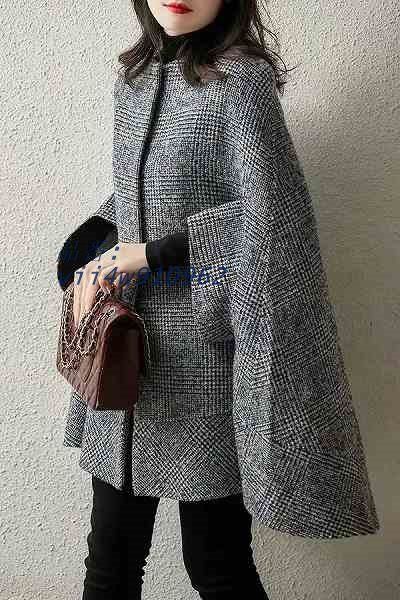 グレンチェックマント ポンチョ 大人スタイル チェック ケープコート 大きいサイズ有りＳから３Ｌ ほっそり効果大通勤通学20代30代40代50代60代 vii4w910962