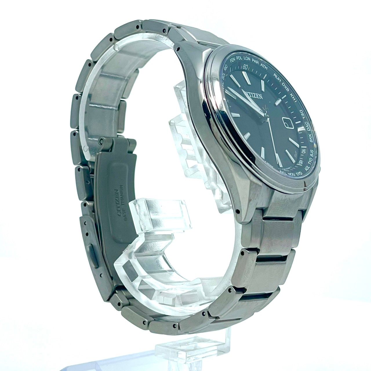 稼働品 CITIZEN シチズン メンズ 腕時計 エコドライブ 電波ソーラー H 149-S 118921 ワールドタイム ネイビー文字盤 シルバー ビジネス スタイリッシュ アナログ 10気圧防水 パーペチュアルカレンダー クリーニング済 G 6